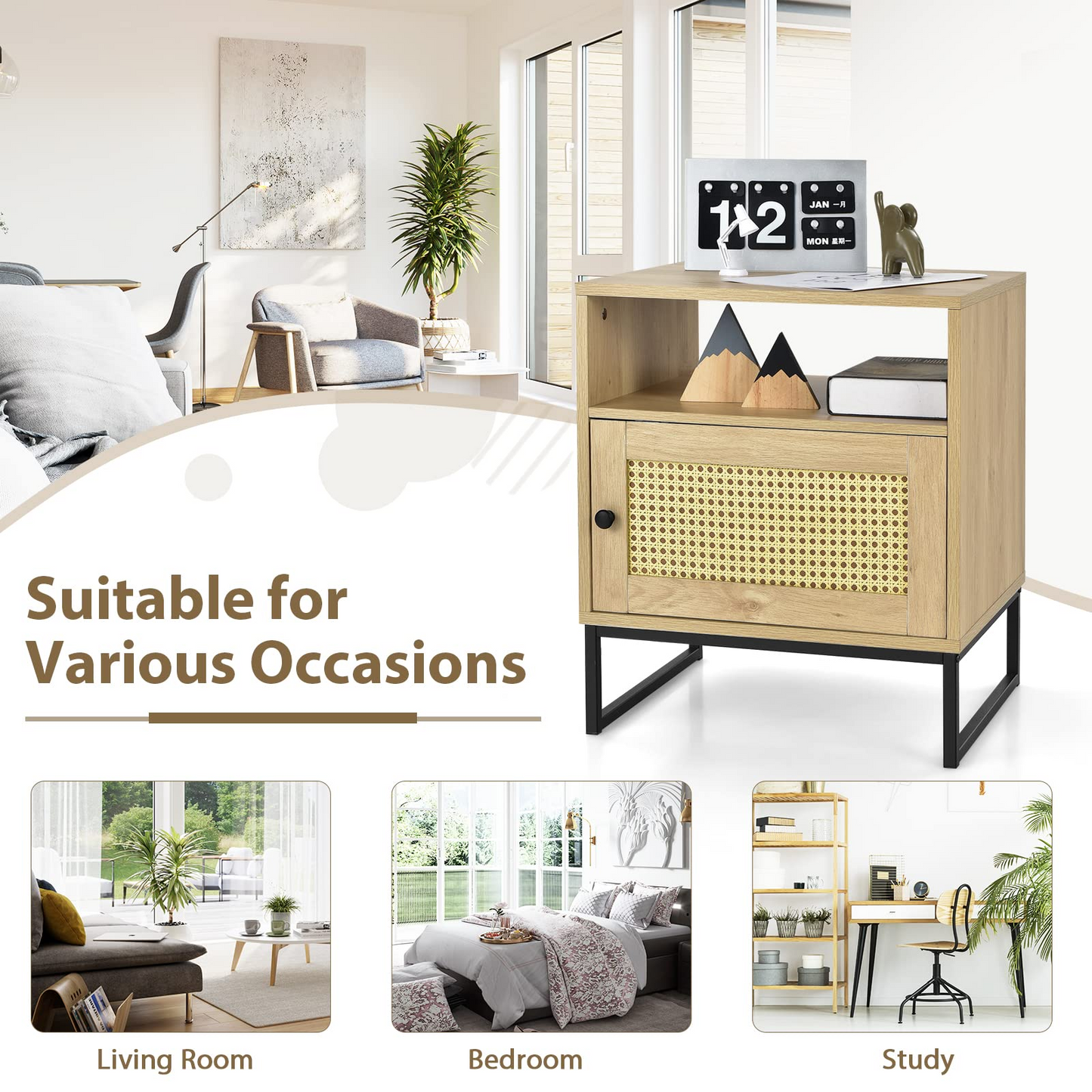 Tangkula Rattan End Table, Indoor Sofa Side Table with Shelf & Rattan Door Cabinet