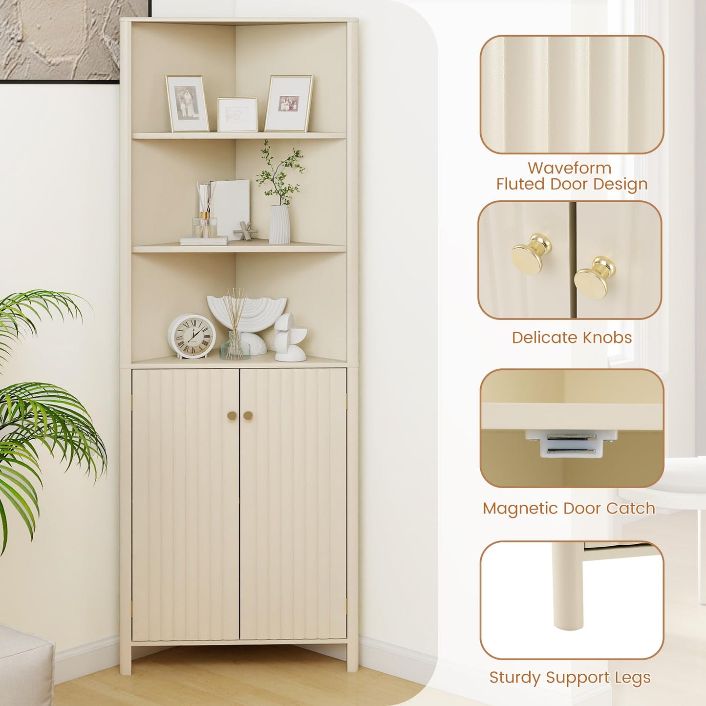 Tangkula Armoire d'angle haute de 173 cm avec 5 étagères et 2 portes cannelées