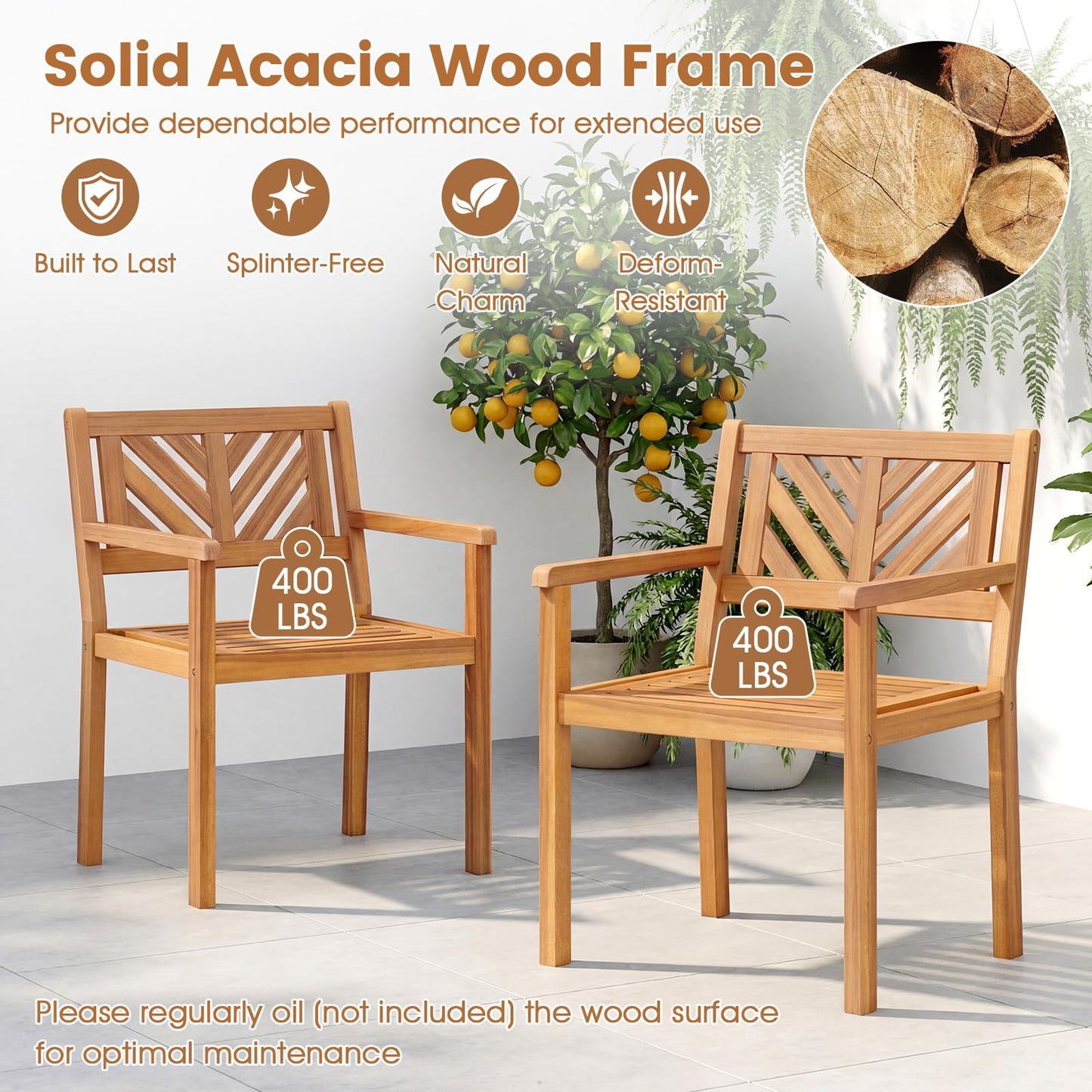 Tangkula Acacia Wood Patio Dining Chairs Set of 2/4 with 400 lbs Capacity