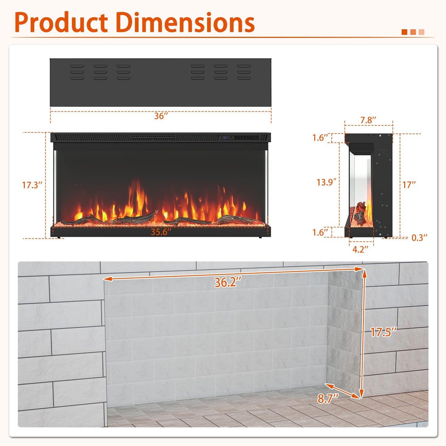 Tangkula 36/40/50/60 Inches 3-Sided Electric Fireplace Insert