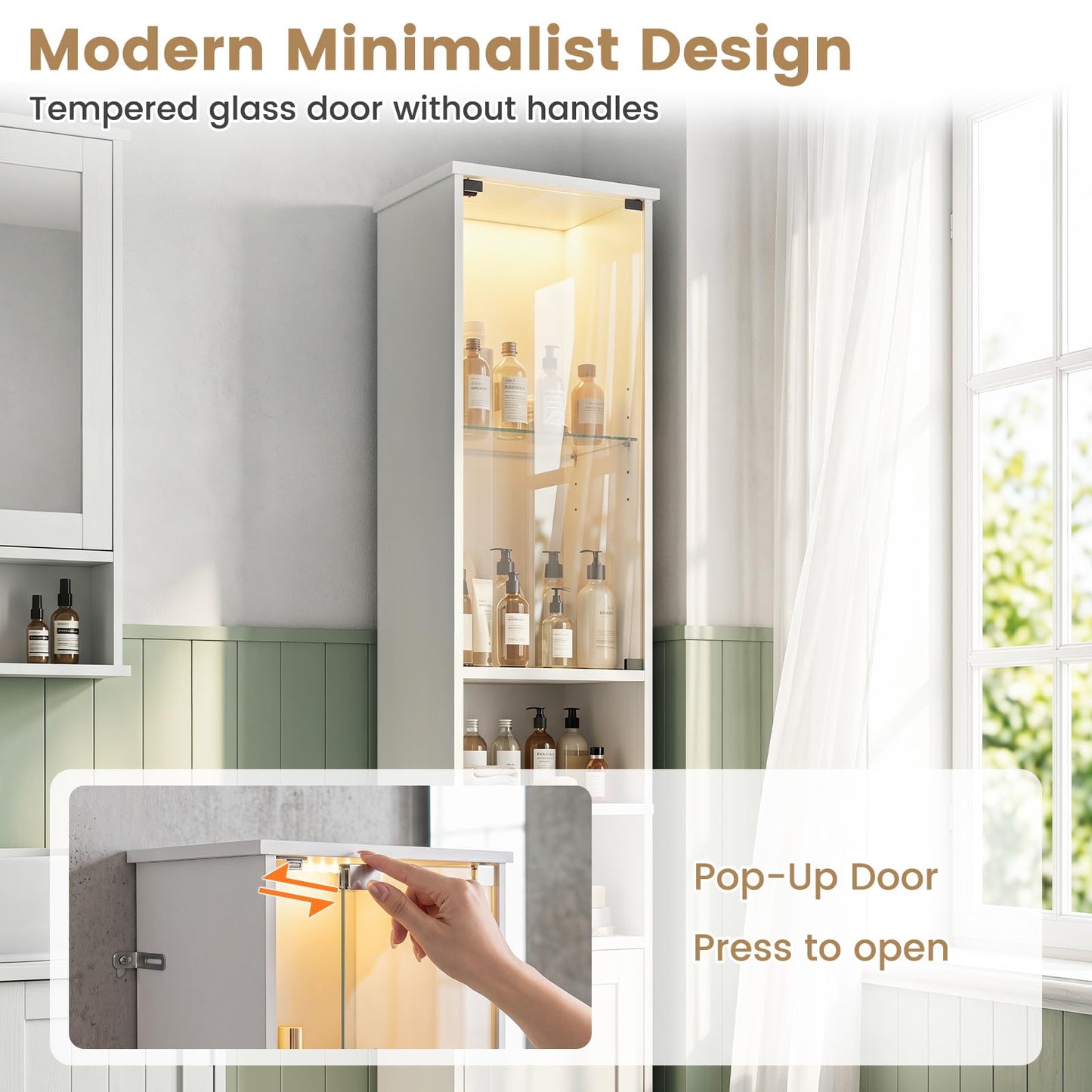 Tangkula Tall Bathroom Storage Cabinet with Lights and Remote