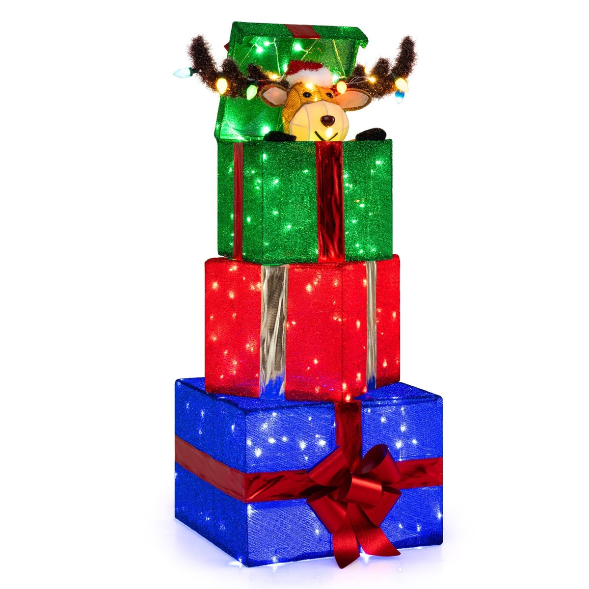 Tangkula Christmas Lighted Animated Pop-up Reindeer in Stacked Gift Boxes