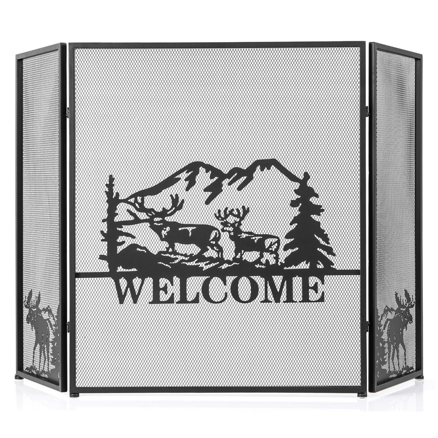 Tangkula 52 x 31 Inch Fireplace Screen, 3-Panel Folding Spark Guard w/Natural Scenery & Moose Pattern