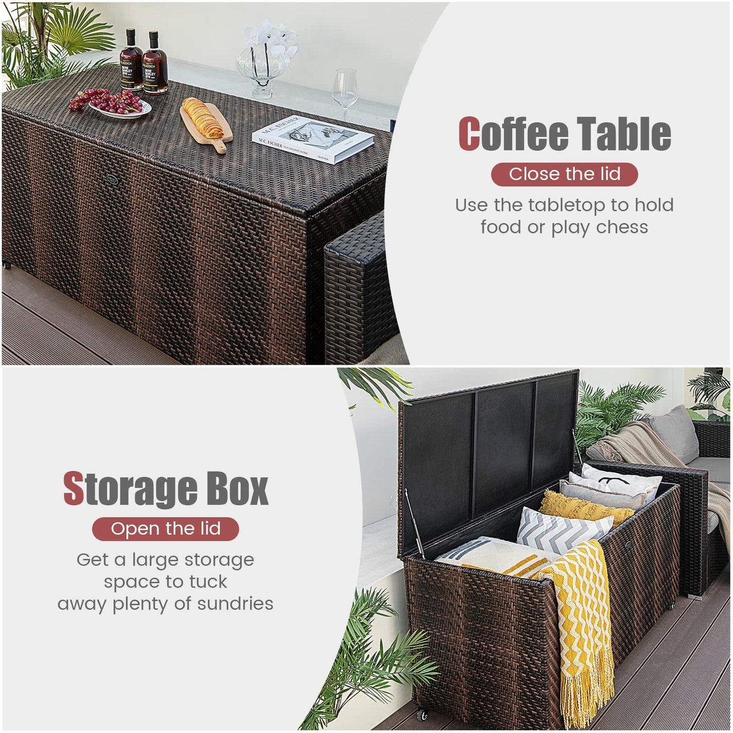 Tangkula 96 Gallon Deck Box, PE Wicker Outdoor Storage Box with 4 Wheels and Waterproof Zippered Liner