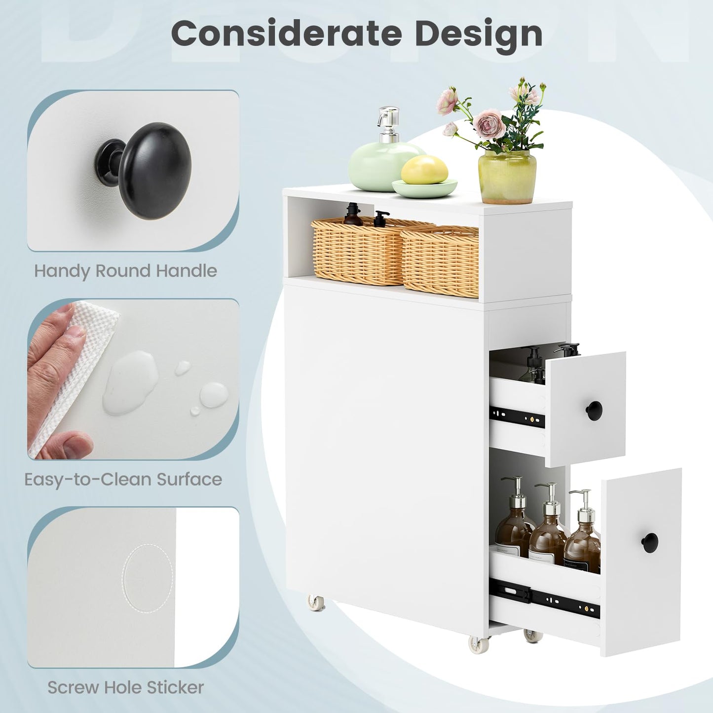 Tangkula Bathroom Storage Wood Bathroom Rolling Floor Cabinet