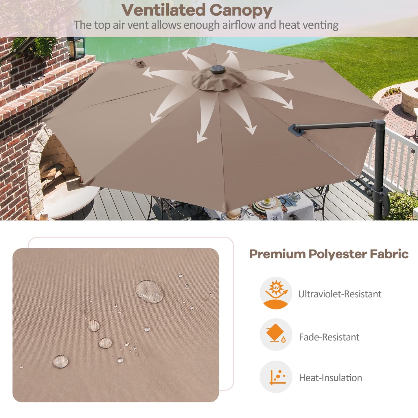 Tangkula 10FT Patio Cantilever Umbrella With 28 LED Lights