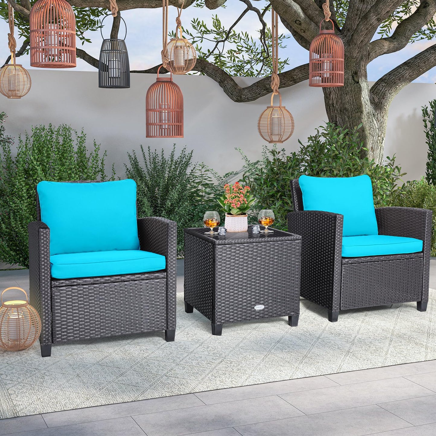 Tangkula 3 Pieces Patio PE Wicker Furniture Set with 4 Bonus Cushion Covers