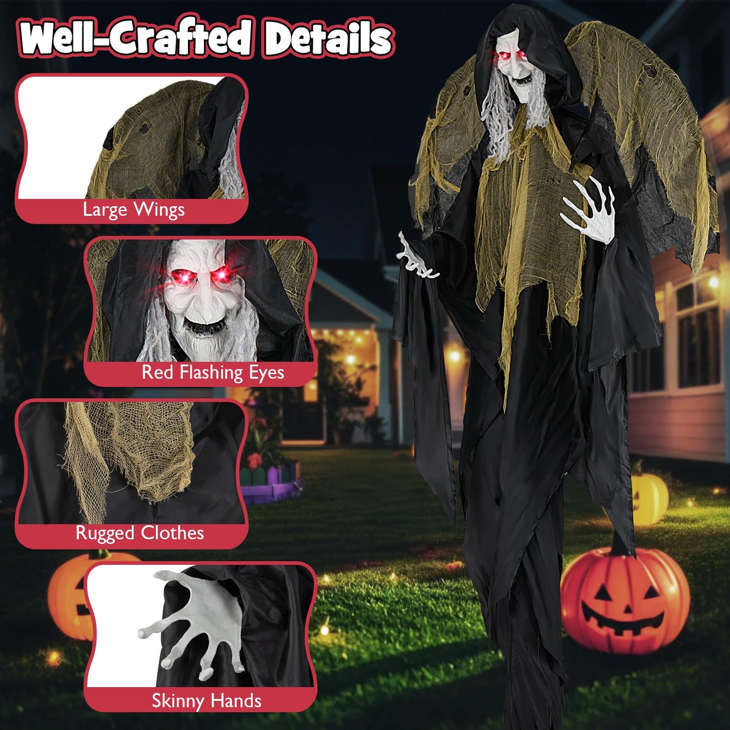 Tangkula 8.2 FT Halloween Animatronics Standing Witch with Wings, Voice Activated Ghost with Lighted Eyes