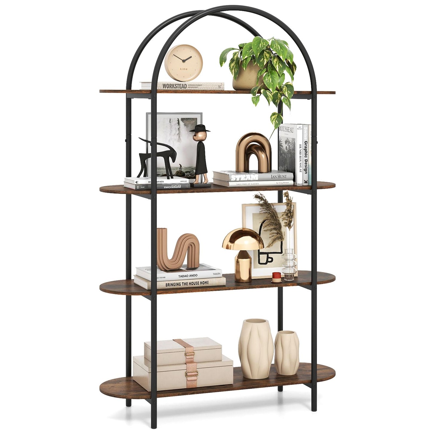 Tangkula 4 Tier Arched Bookshelf 61.5” Industrial Modern Freestanding Storage Rack (1 Pack/2 Pack)