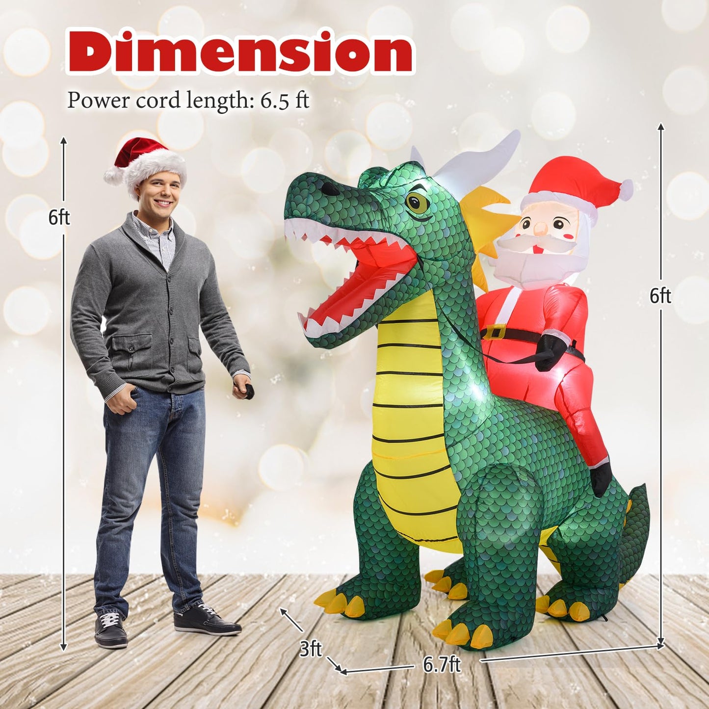 Tangkula 6 FT Christmas Inflatable Santa Claus Ride on Dinosaur