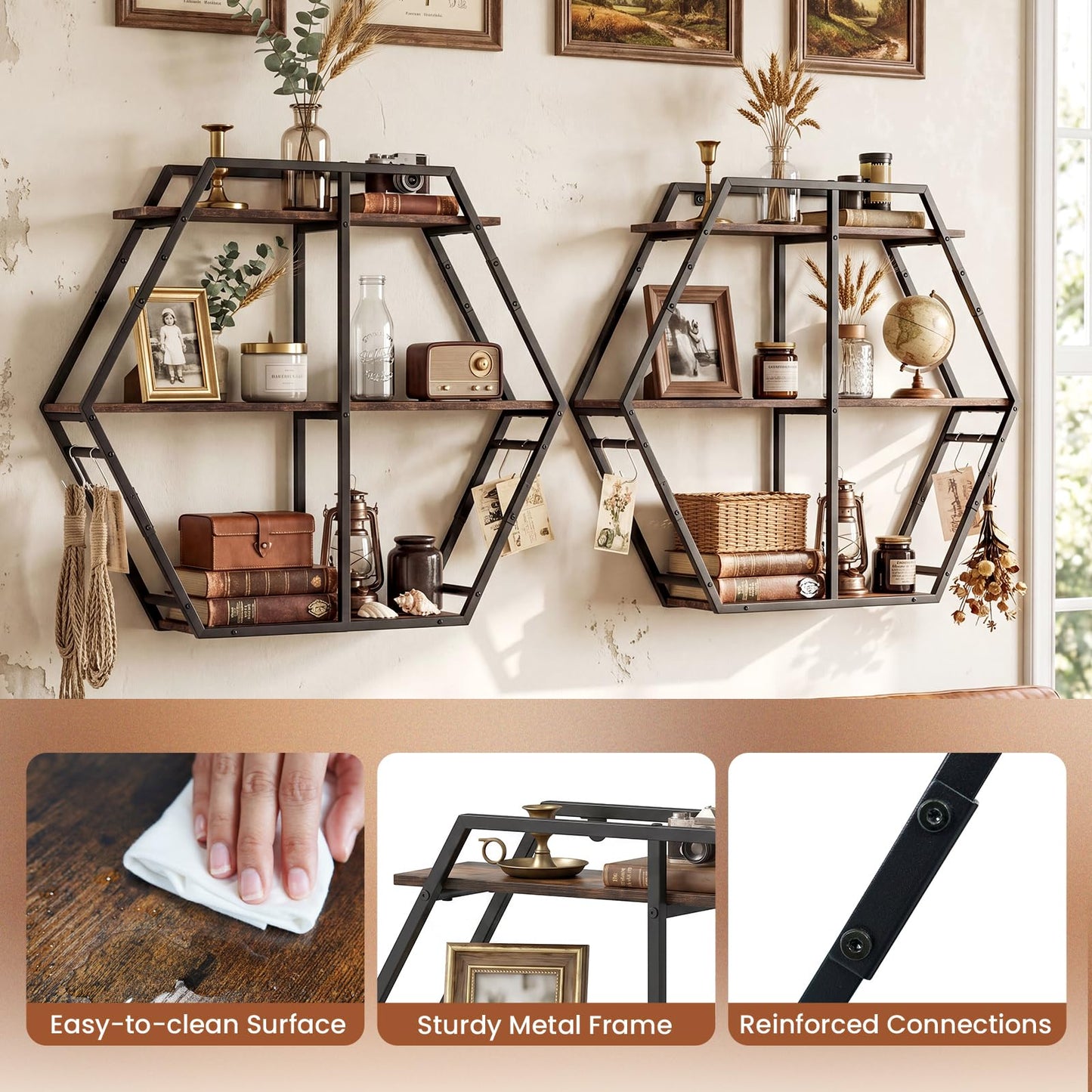 Tangkula 3-Tier Geometric Bookcase with 4 S-Shaped Hooks & Heavy Duty Metal Frame