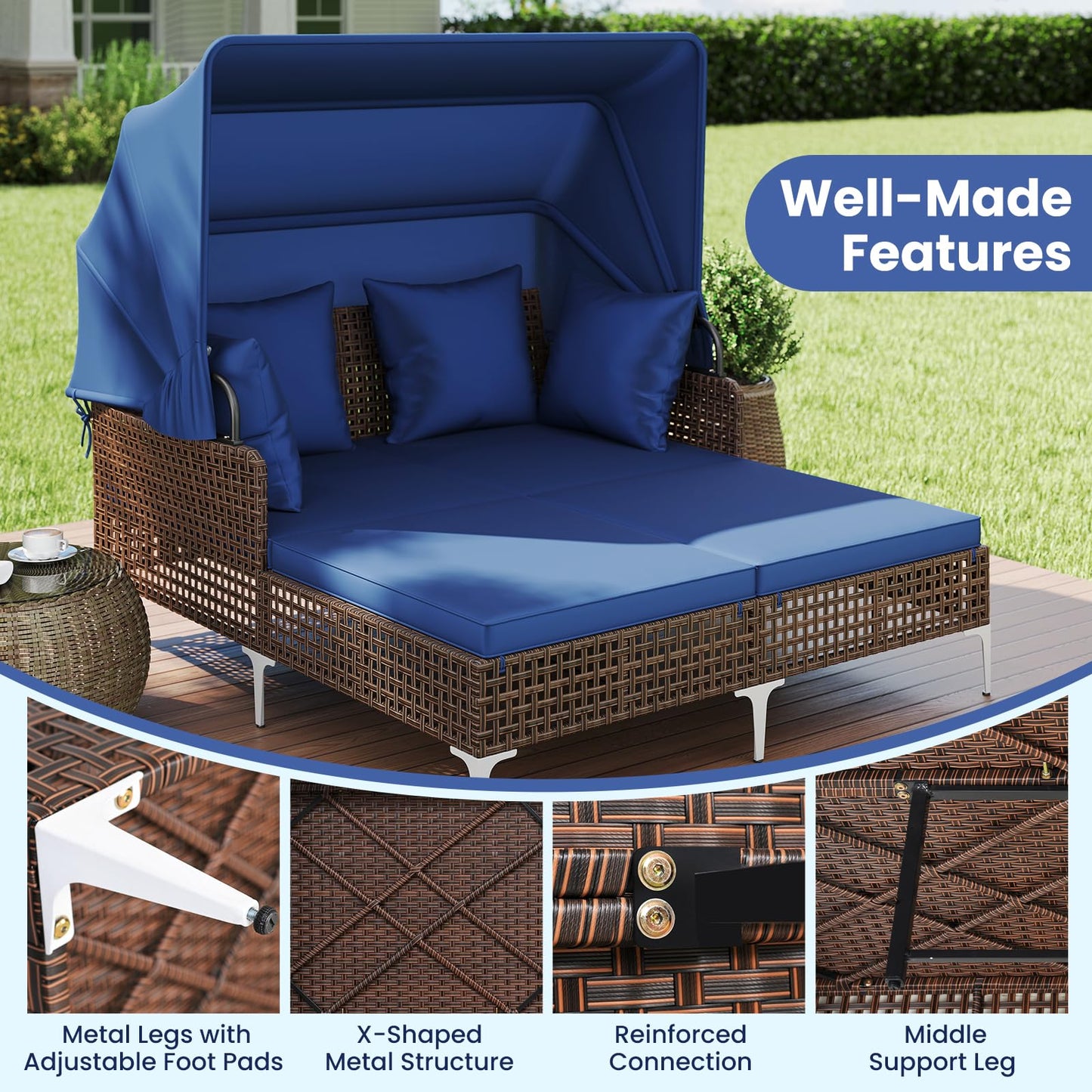 Tangkula Outdoor Rattan Double Daybed with Metal Support for Backyard