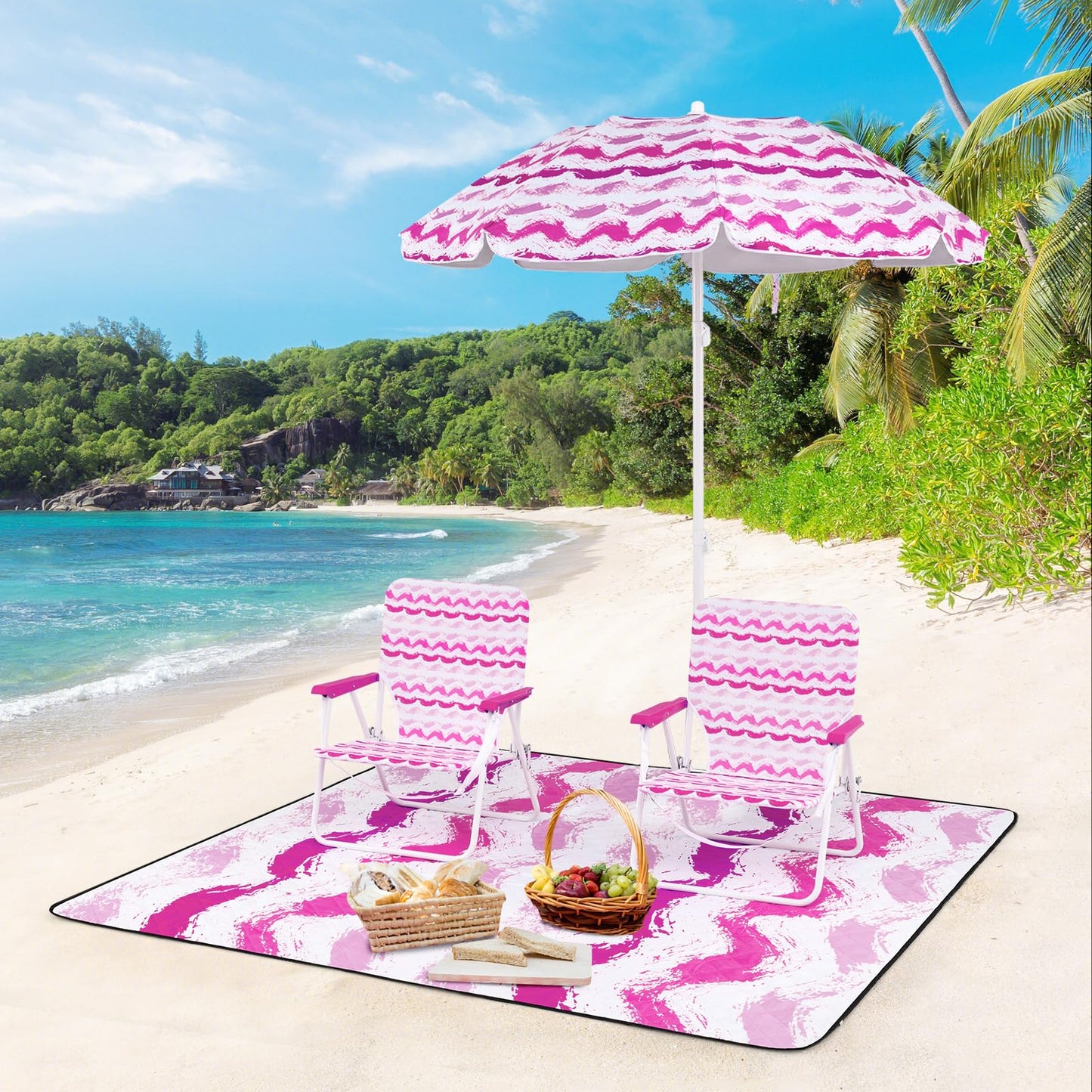 Tangkula 4 Pieces Beach Chair Set with Umbrella & Blanket
