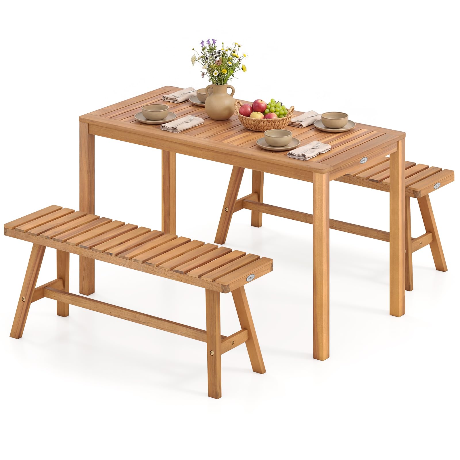 Tangkula 3 Pieces Acacia Wood Patio Dining Set