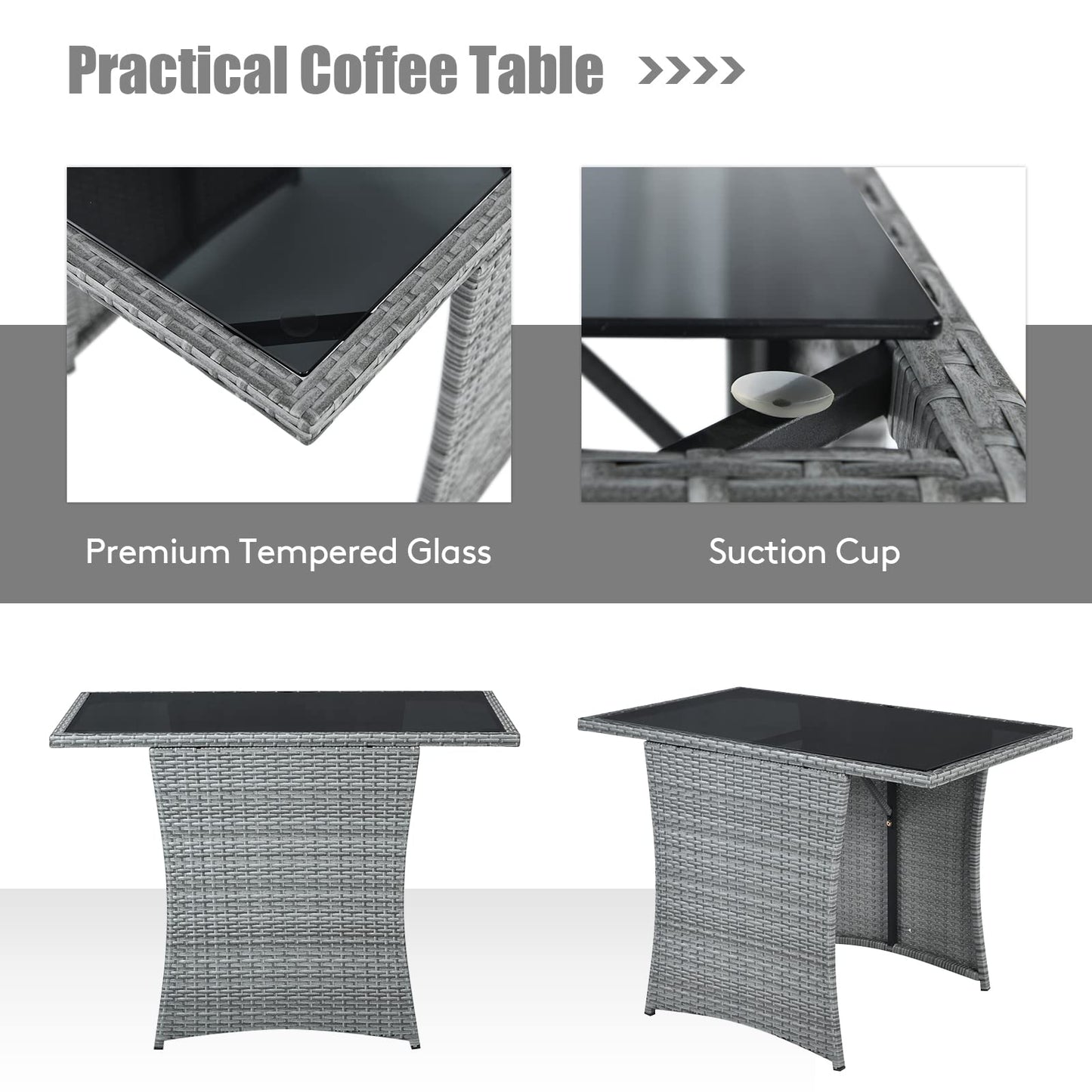 3 Pieces Patio Dining Set, Patiojoy Space-Saving PE Rattan Bistro Set with Tempered Glass Top Table and Cushioned Chairs