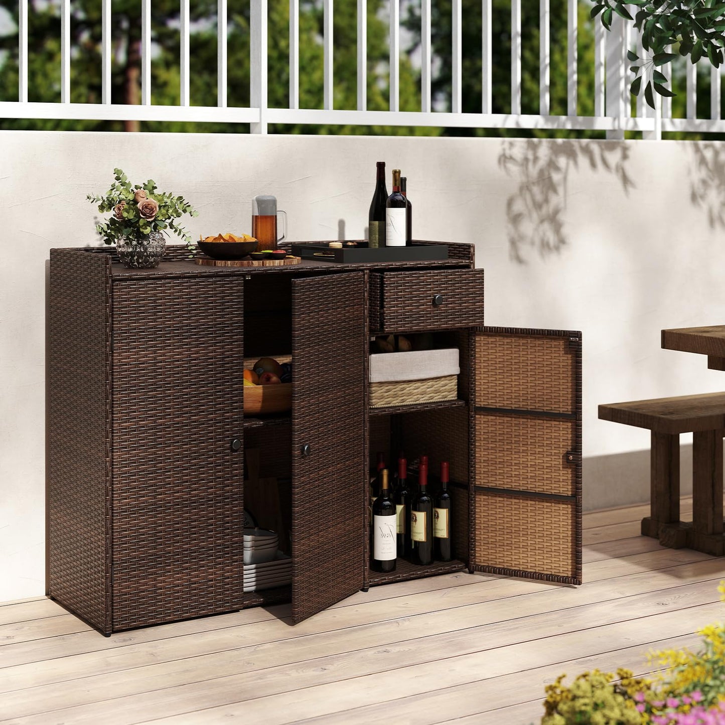 Tangkula Rattan Outdoor Storage Cabinet for Patio Garden Poolside