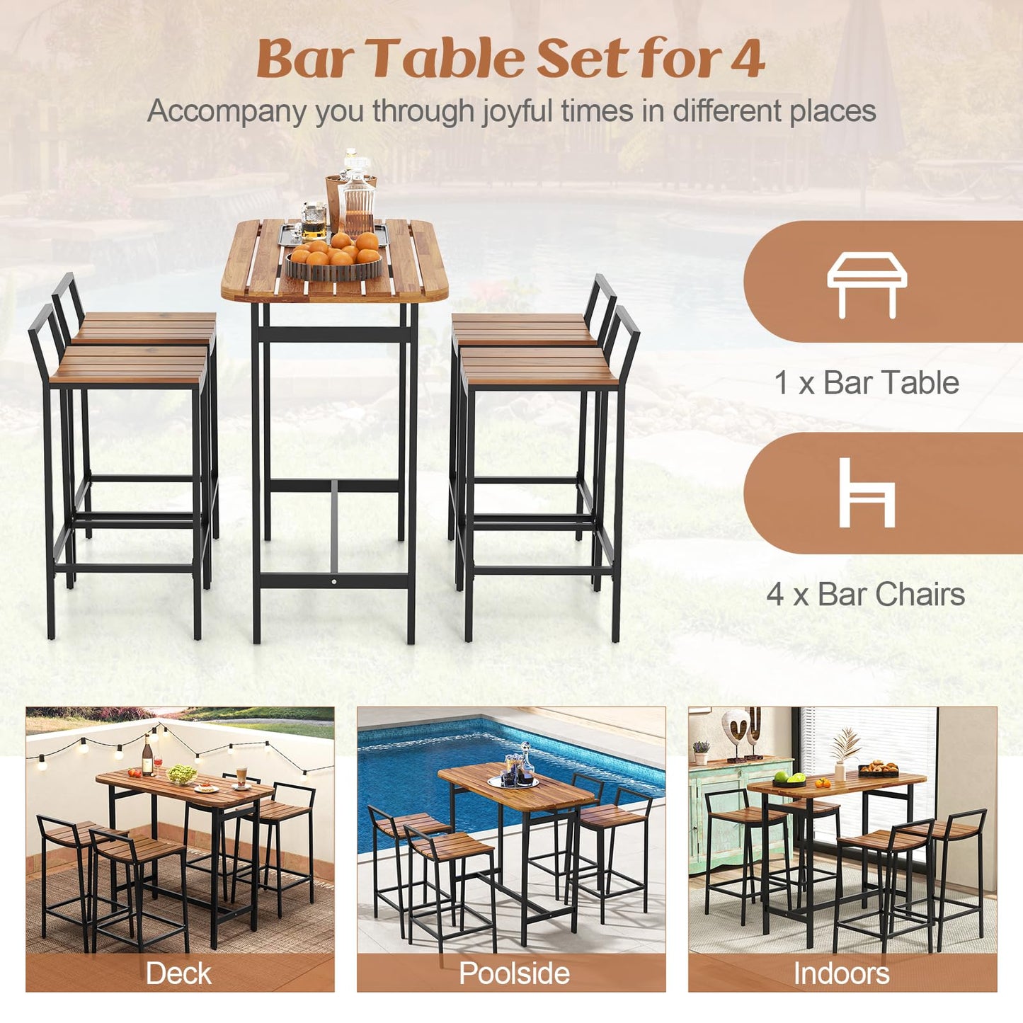 Tangkula 5 Piece Acacia Wood Bar Table Set