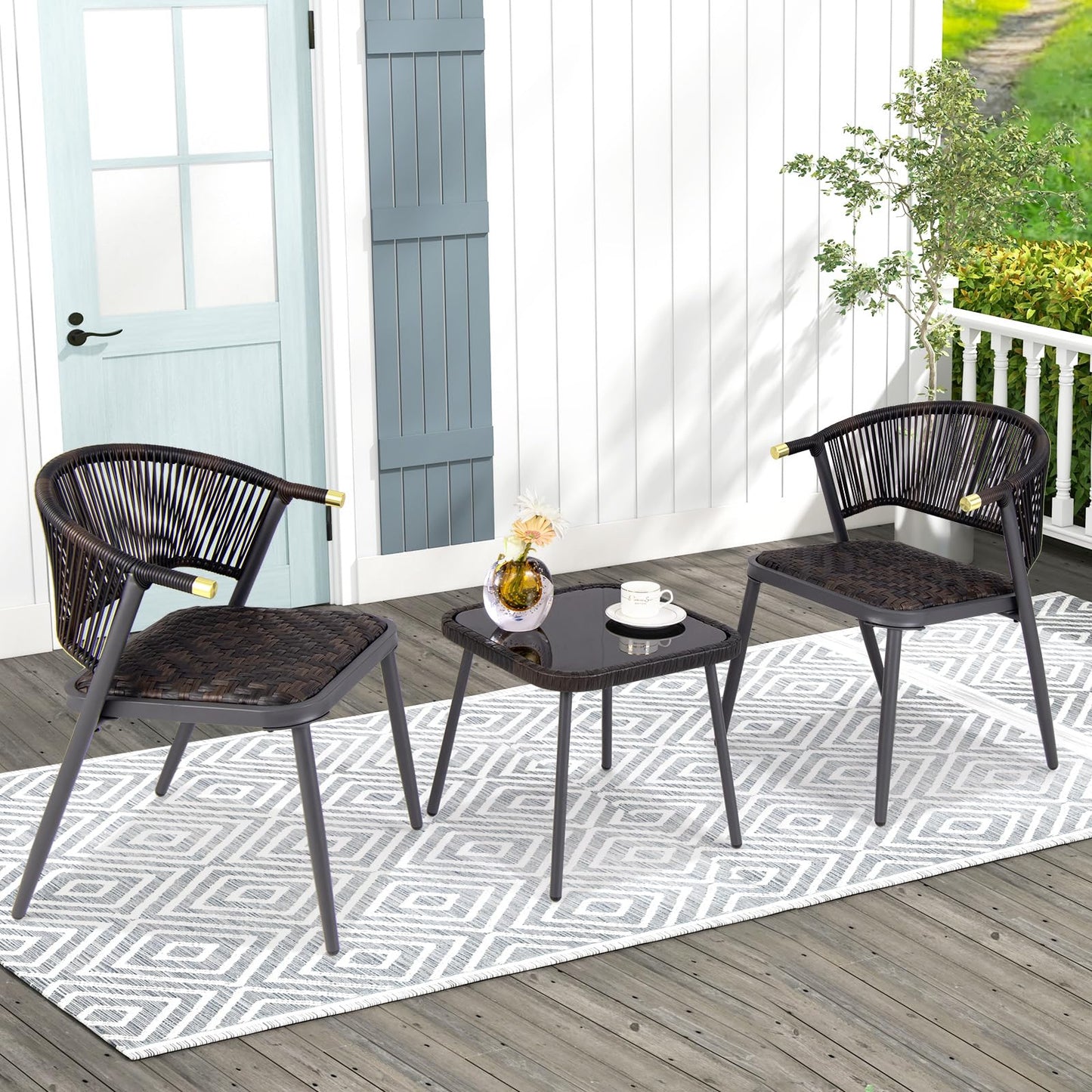 Tangkula 3 Piece Patio Rattan Furniture Set, Patiojoy Quick Dry Foam Padded Chairs w/Tempered Glass Tabletop