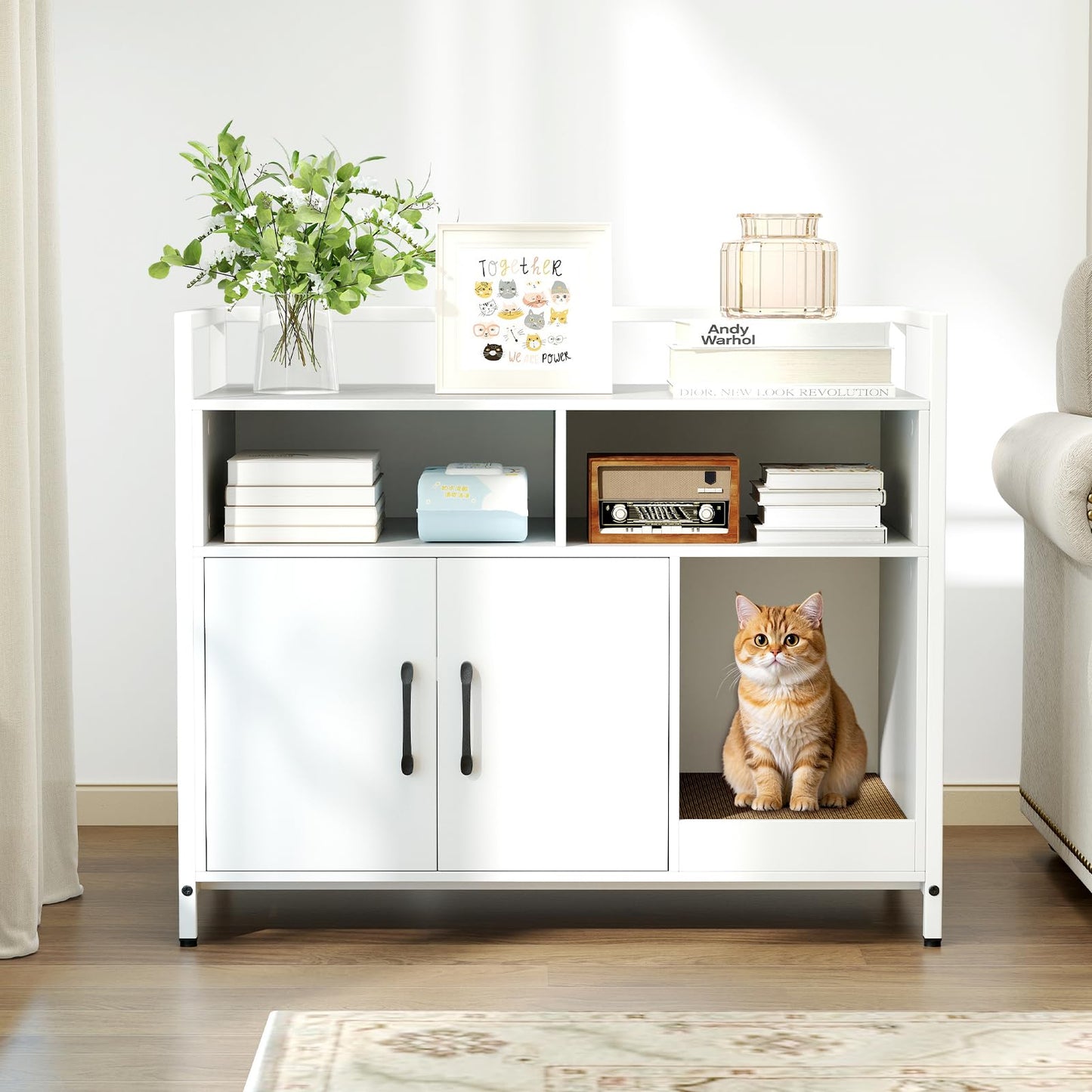 Meuble Cache-Litière Tangkula avec 2 Compartiments de Rangement pour Chatons d'Intérieur