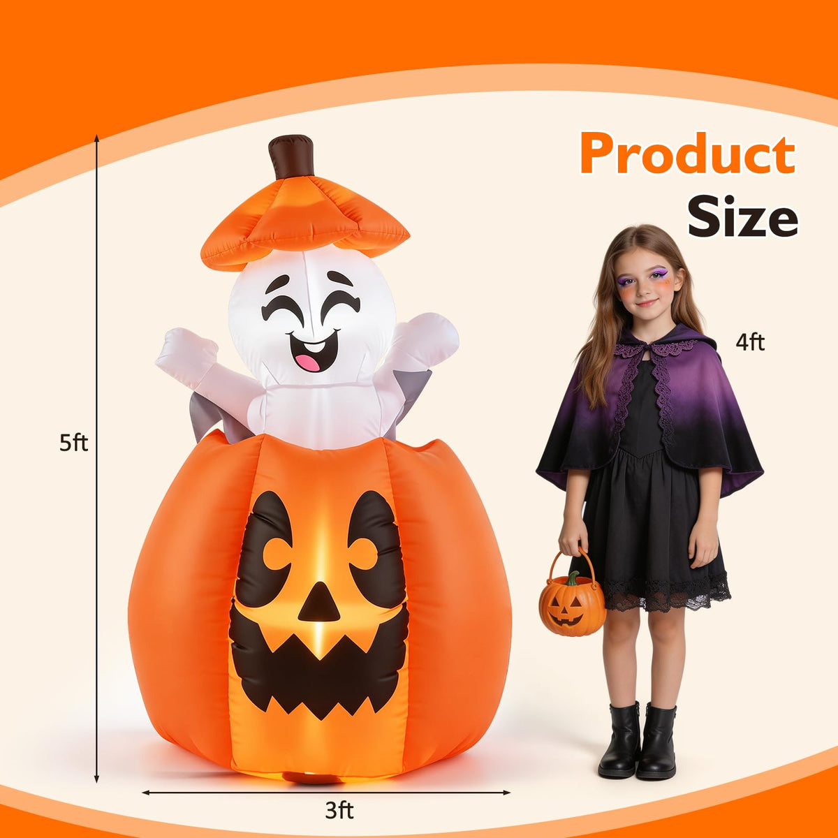 Tangkula 5 FT Halloween Lighted Inflatable Pumpkin with Animated Ghost