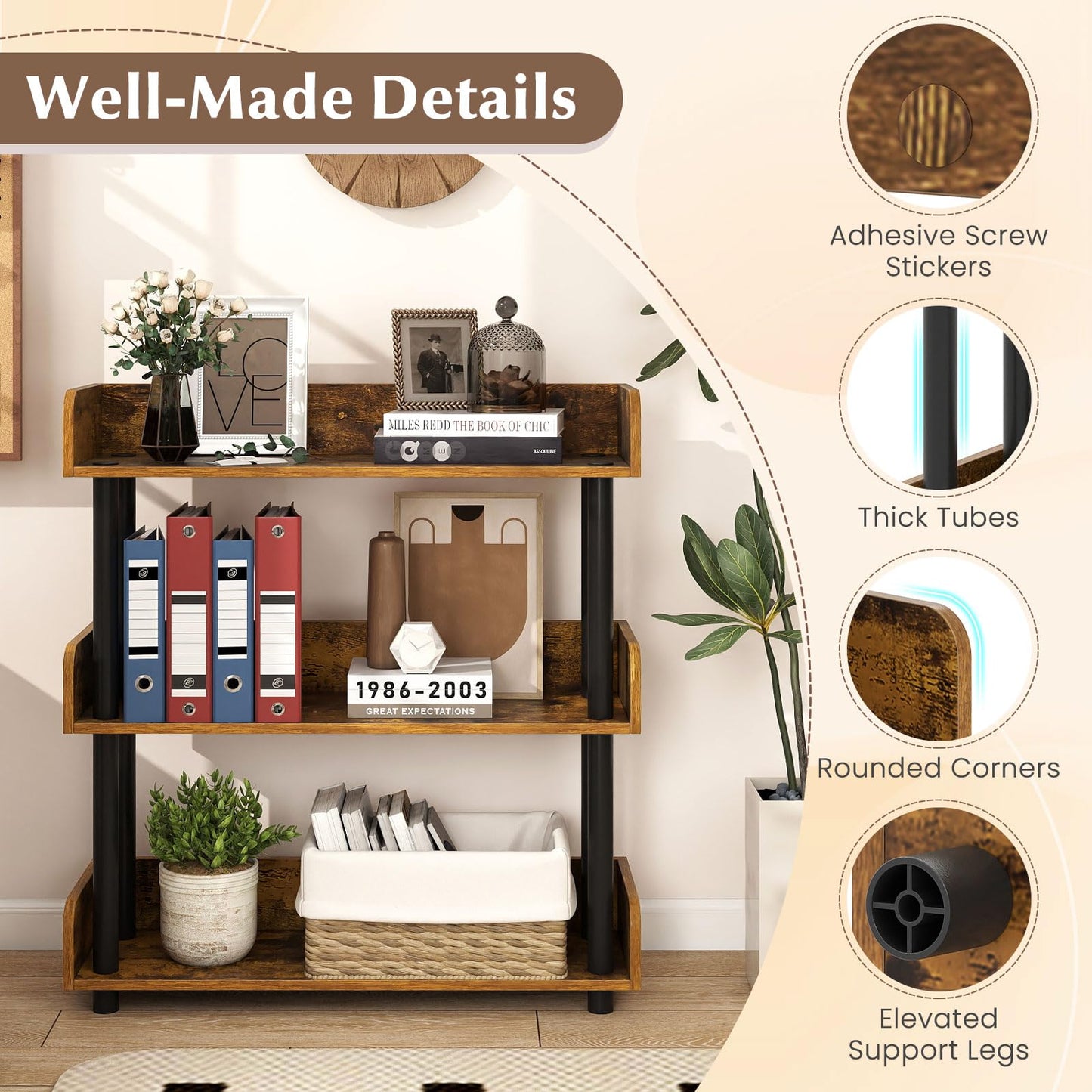 Tangkula 3-Tier Bookshelf Multipurpose Wood Standing Display Rack(1/2)