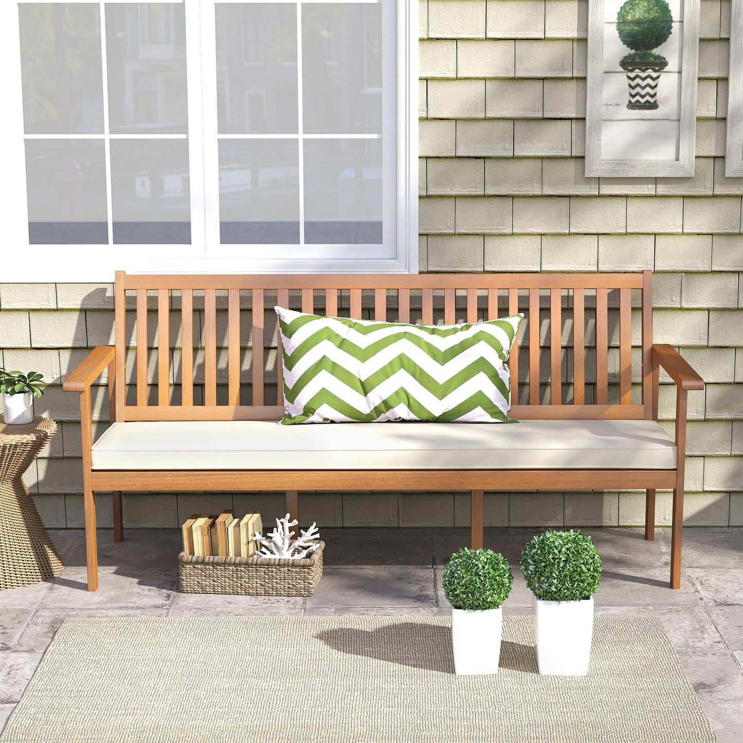 Tangkula Outdoor 3-Seat Wood Bench, 64 Inches Extra Long Acacia Chair w/Seat Cushion