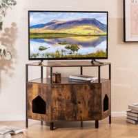 Tangkula Corner Cat Litter Box Enclosure, Decorative Pet Cabinet Furniture with Open Shelf, 2 Entrances