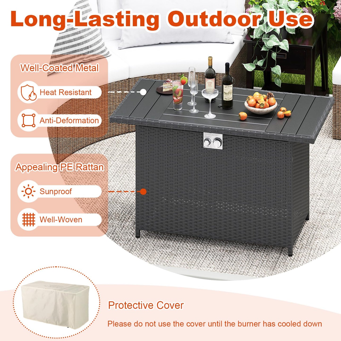 Tangkula 44.5 Inch Propane Fire Pit Table Rattan Gas 2-in-1 with Stainless Steel Burner