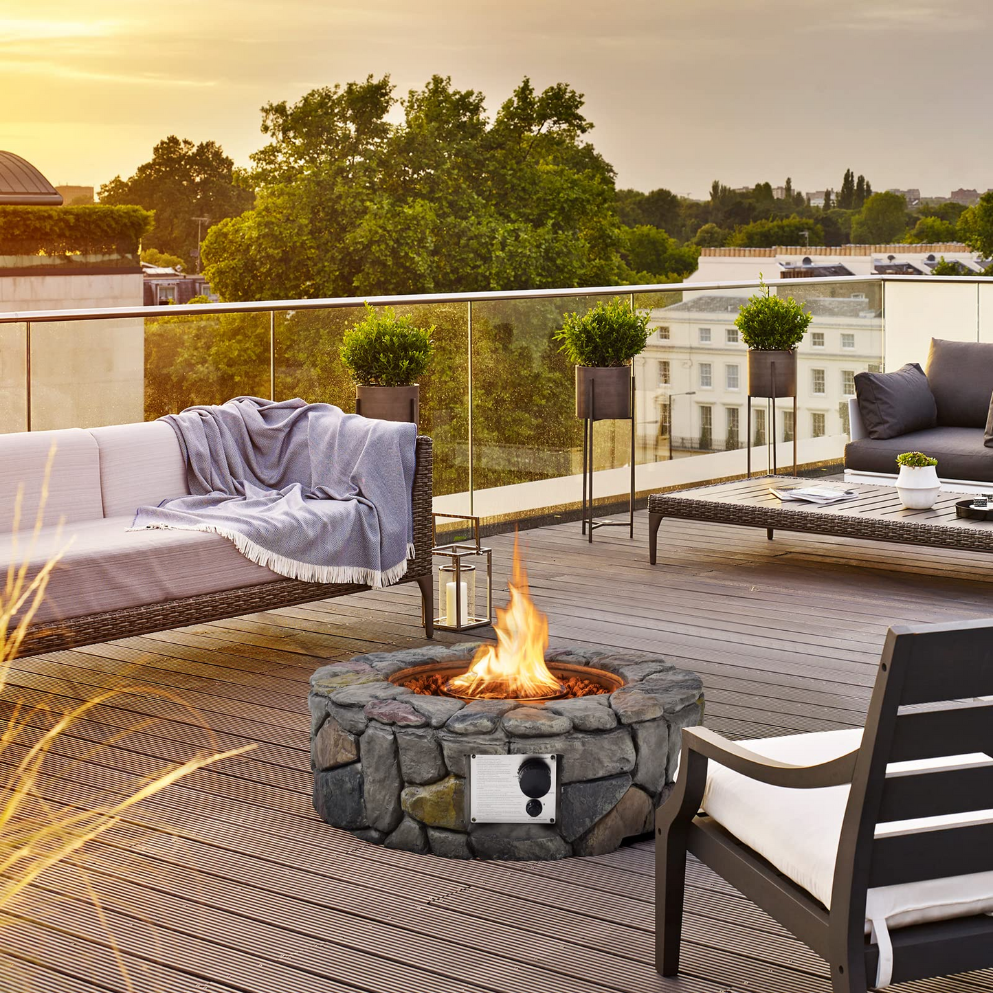 28 Inch Round Propane Gas Fire Pit, Patiojoy 40,000 BTU Stone Look Outdoor Propane Fire Pit - Tangkula