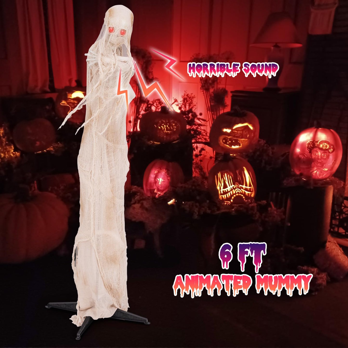 Tangkula 6 FT Halloween Animated Standing Mummy, Life Size Animatronic Mummy with LED Red Glowing Eyes