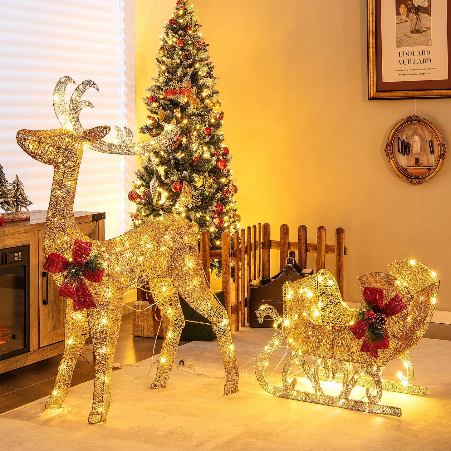 Tangkula 4.7 FT Lighted Christmas Reindeer & Sleigh, Xmas Lighted Outdoor Decoration with 100 Warm Lights