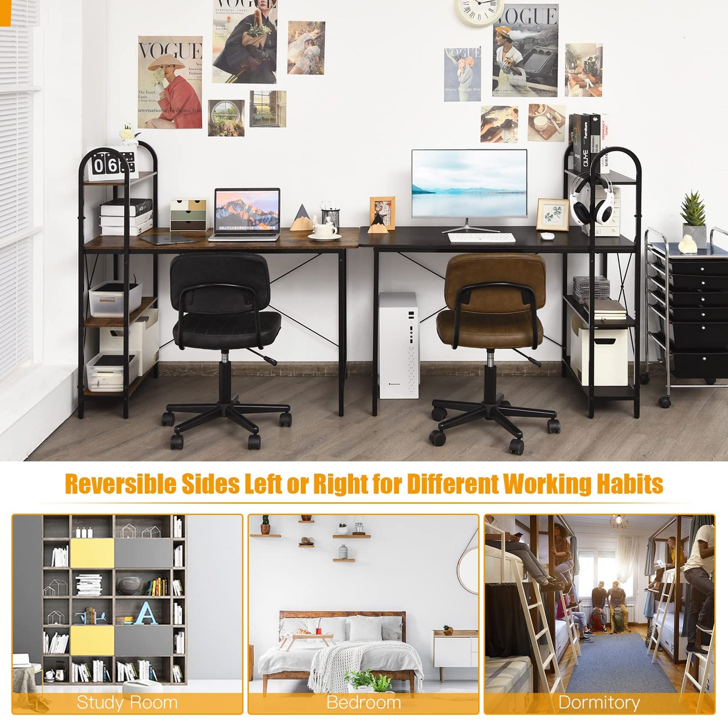 Tangkula 48-Inch Reversible Computer Desk with Storage Shelves