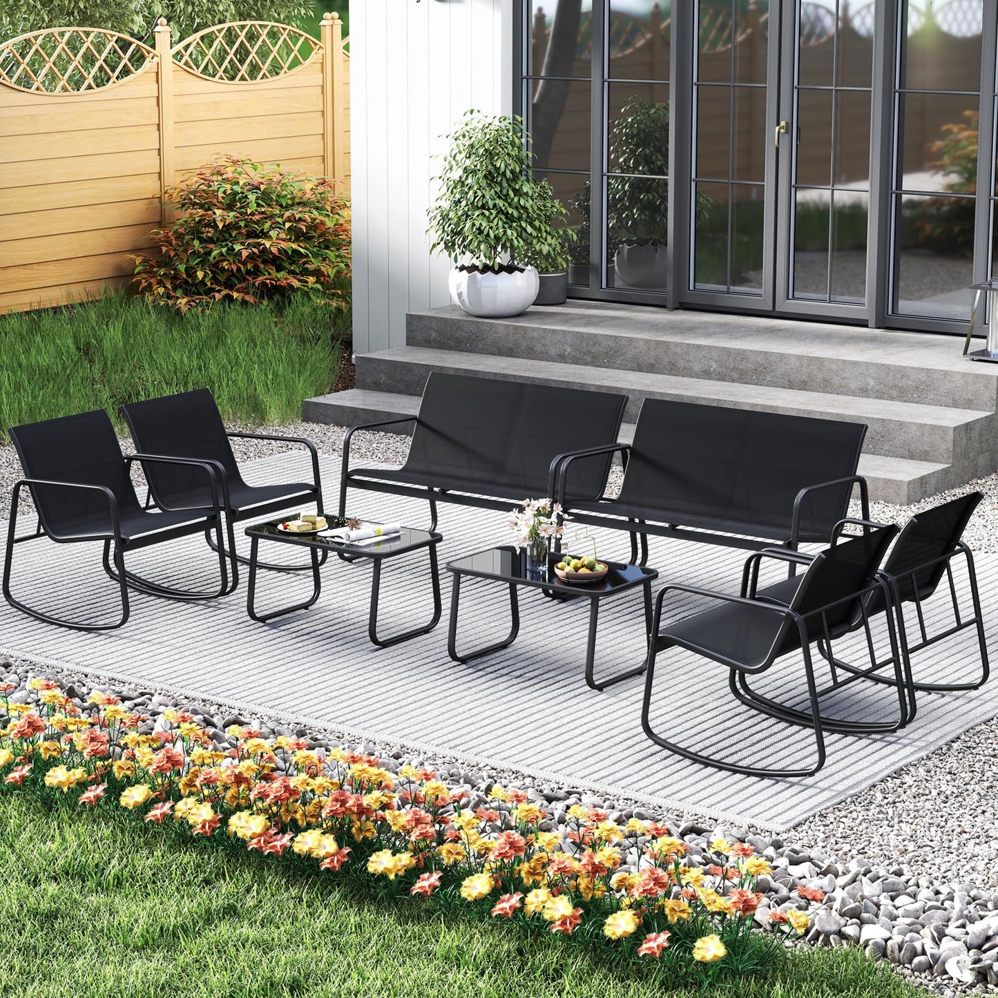 Tangkula Outdoor Rocking Bistro Set with Rocking Chairs Loveseat & Glass Coffee Table