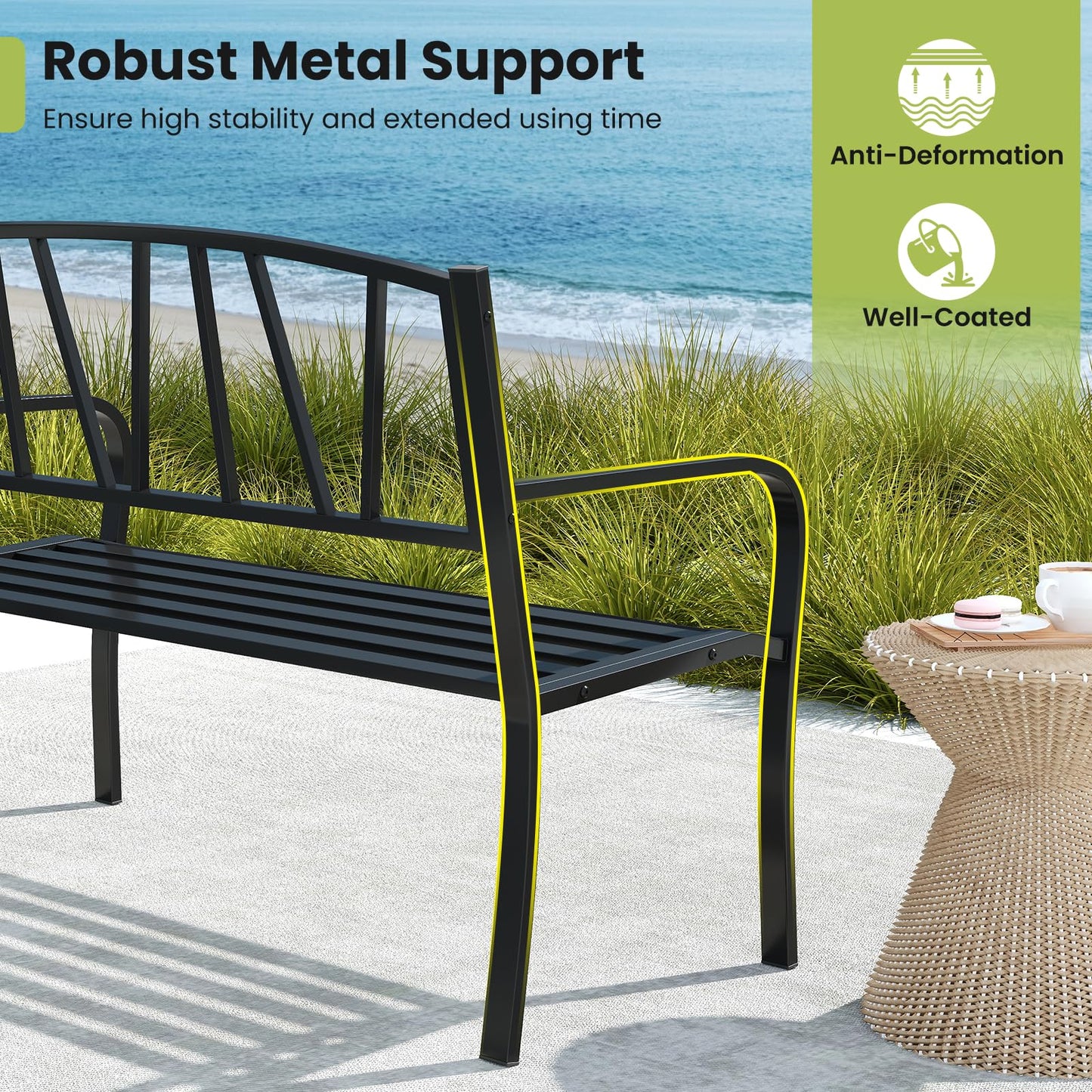 Tangkula Metal Patio Park Bench with Curved Armrests