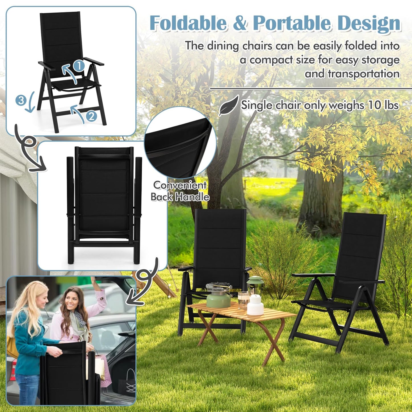 Tangkula Patio Folding Chair, Outdoor Dining Chairs with Soft Padded Seat, 7-Position Adjustable Backrest, Armrests