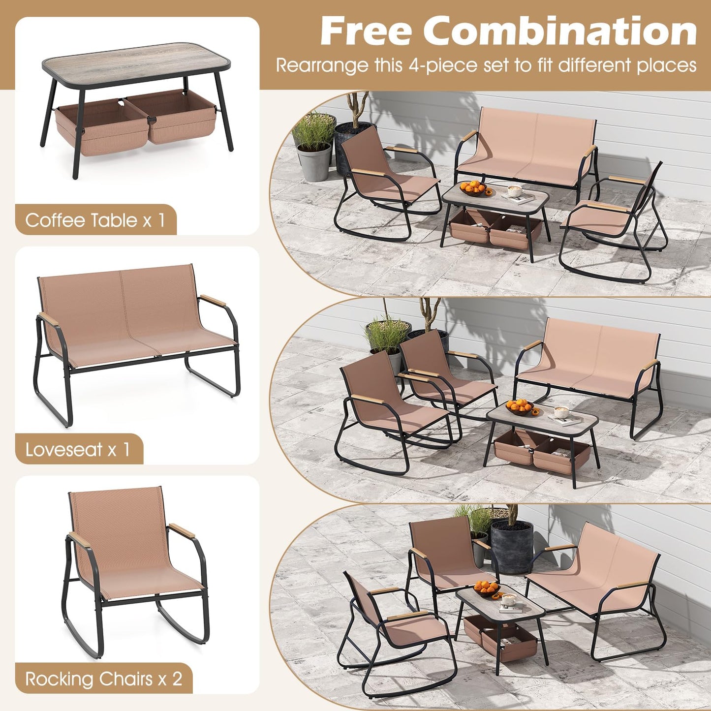 Ensemble de mobilier de patio Tangkula 4/8 pièces, table basse à 2 niveaux et chaises en tissu respirant