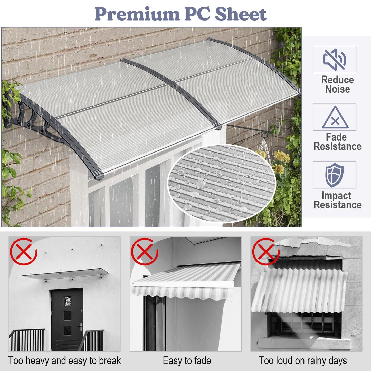 Tangkula 40" x 80" Window Awning with Hollow Sheet for Rain Snow Sunlight Protection