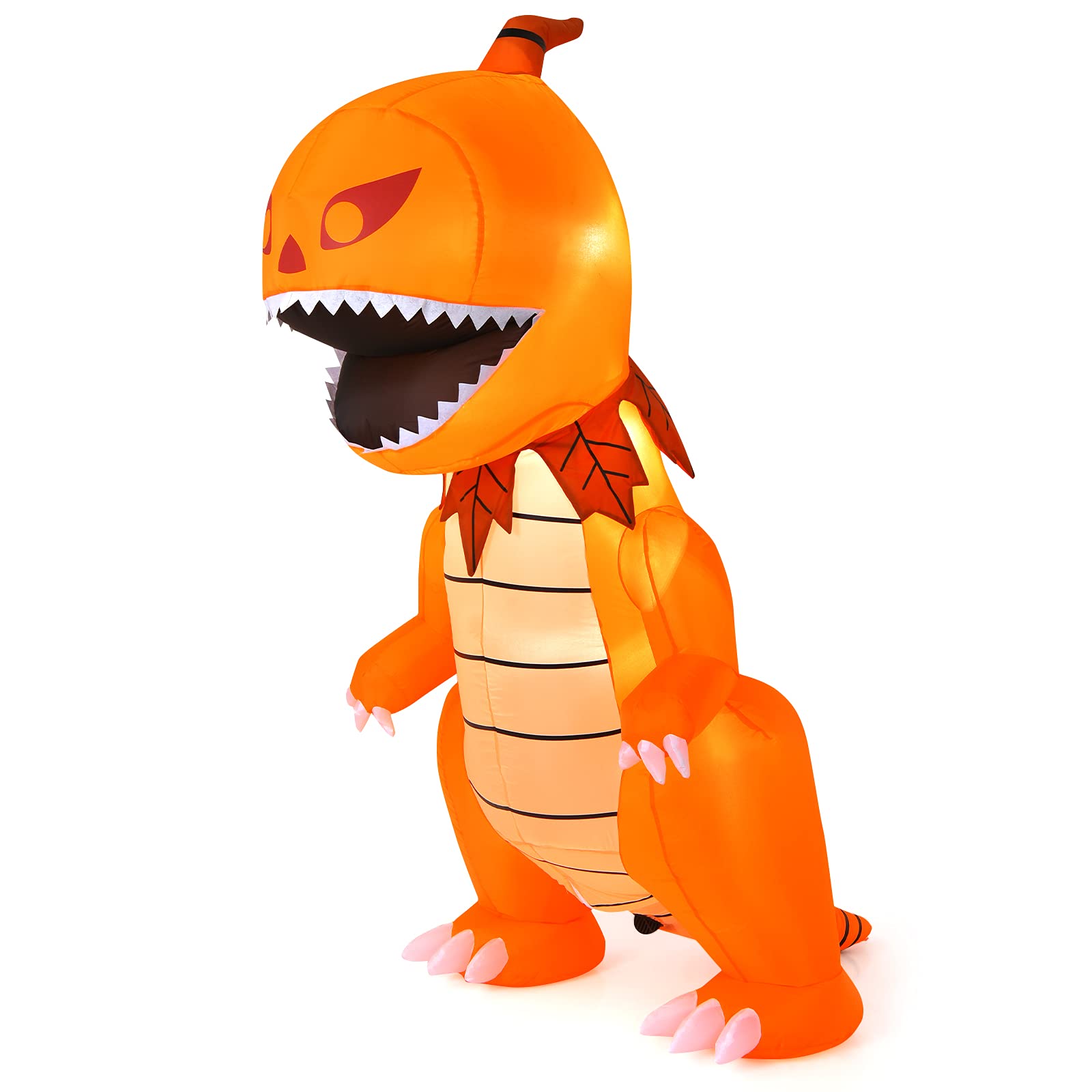 Tangkula 8 FT Halloween Inflatables Pumpkin Head Dinosaur, Large Blow Up Halloween Dinosaur with LED Lights & 4 Stakes