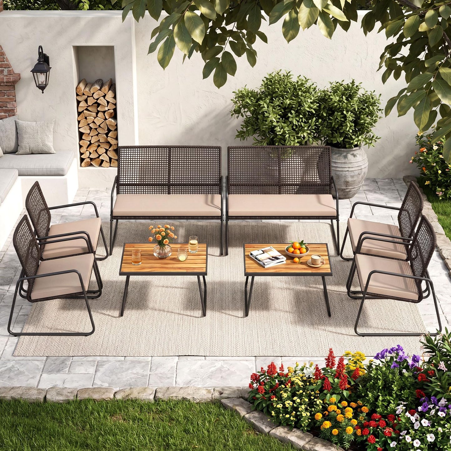 Tangkula 4 Pieces Patio Furniture Set with Acacia Wood Coffee Table & Zippered Cushions
