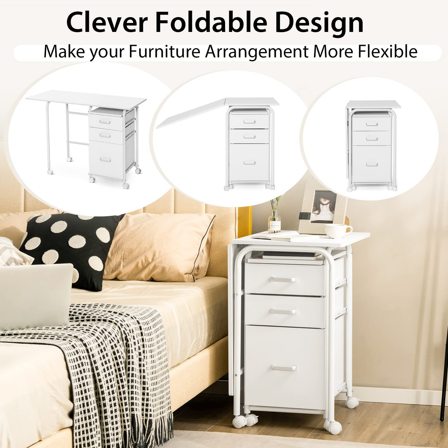 Tangkula White Folding Desk with 3 Drawers, Mobile Home Office Desk, Portable Laptop Desk Writing Table