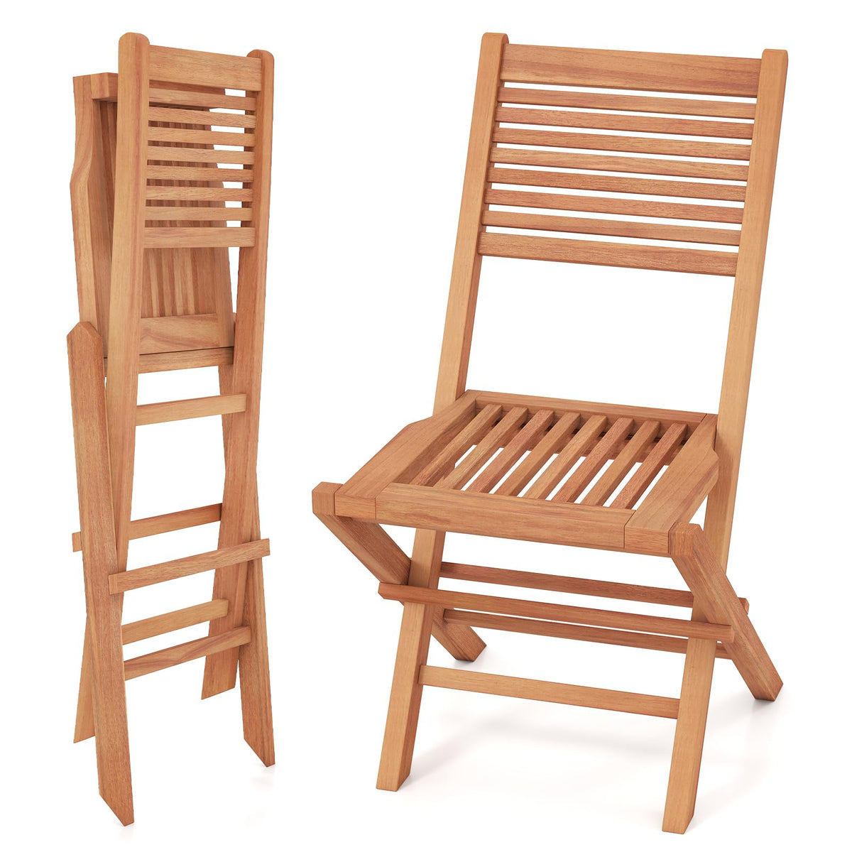 Tangkula Teak Wood Folding Patio Chairs Set of 2/4 ( Slatted Back )