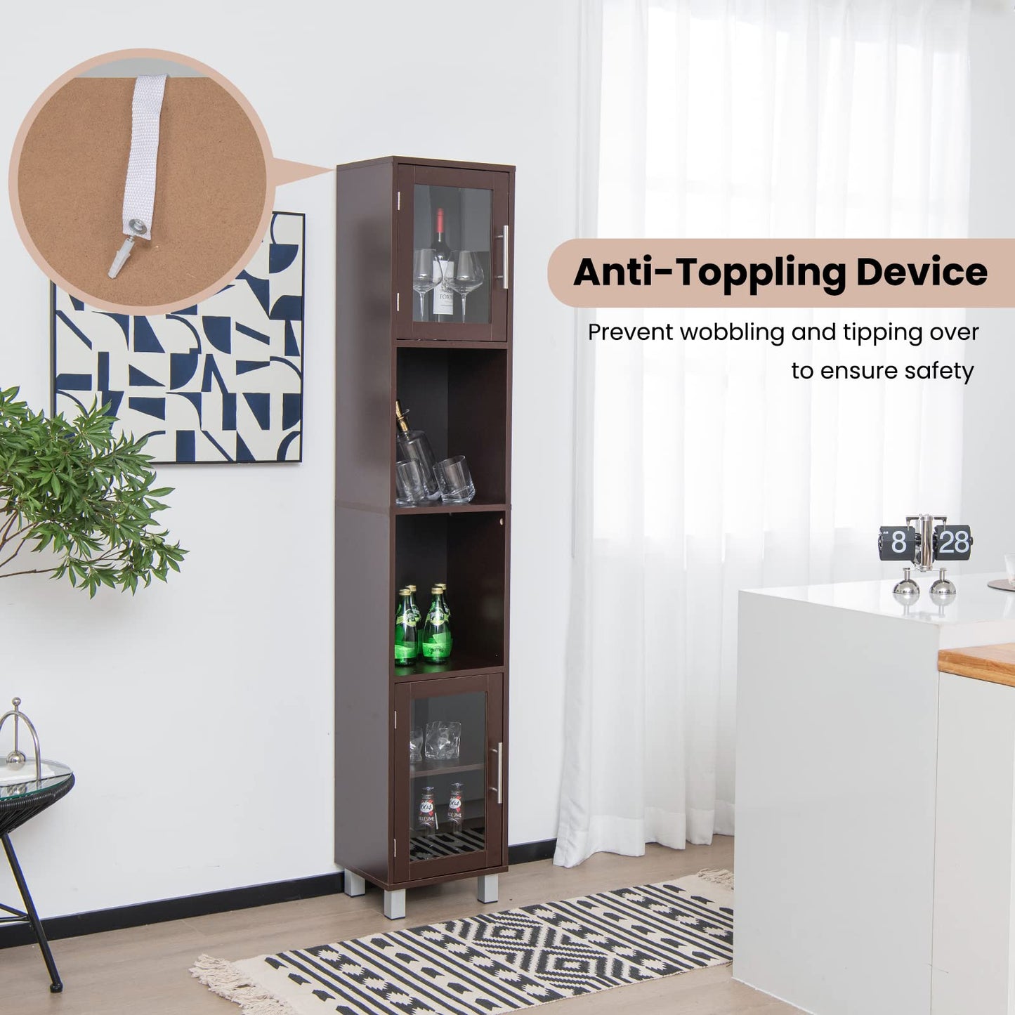 Tangkula Tall Bathroom Cabinet, Home Bedroom Living Room Wood Linen Storage Cabinet Free Standing