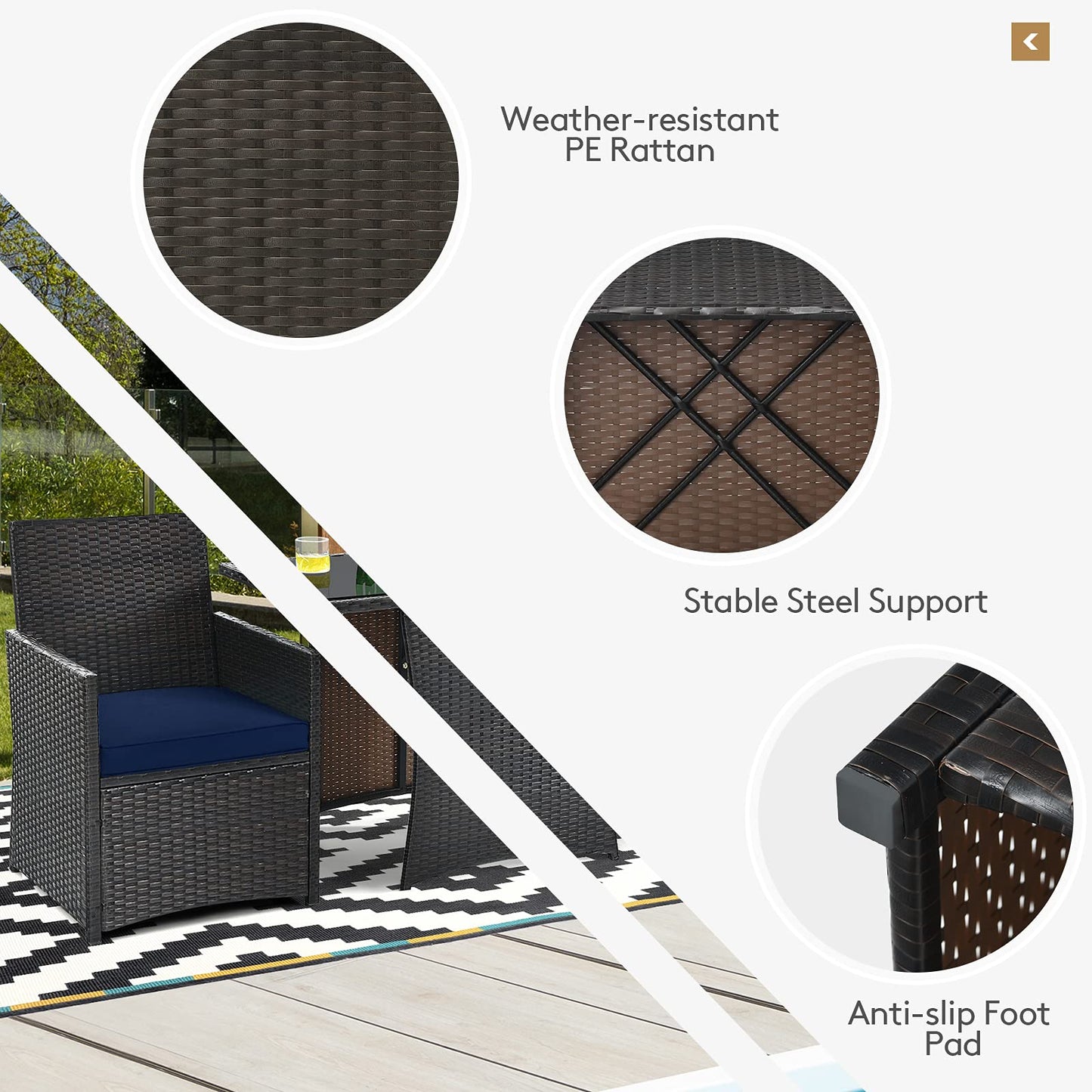 3 Pieces Patio Dining Set, Space-Saving PE Rattan Bistro Set with Tempered Glass Top Table and Cushioned Chairs