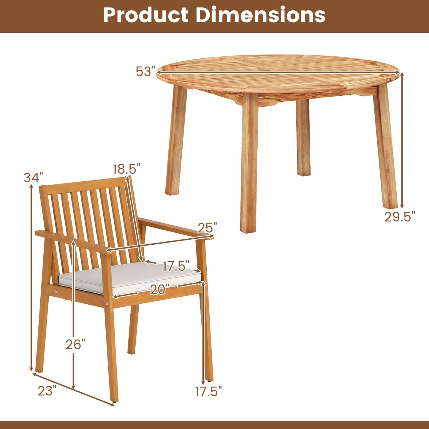 Tangkula 5 Pieces Wood Round Patio Dining Set with Umbrella Hole and Soft Cushion