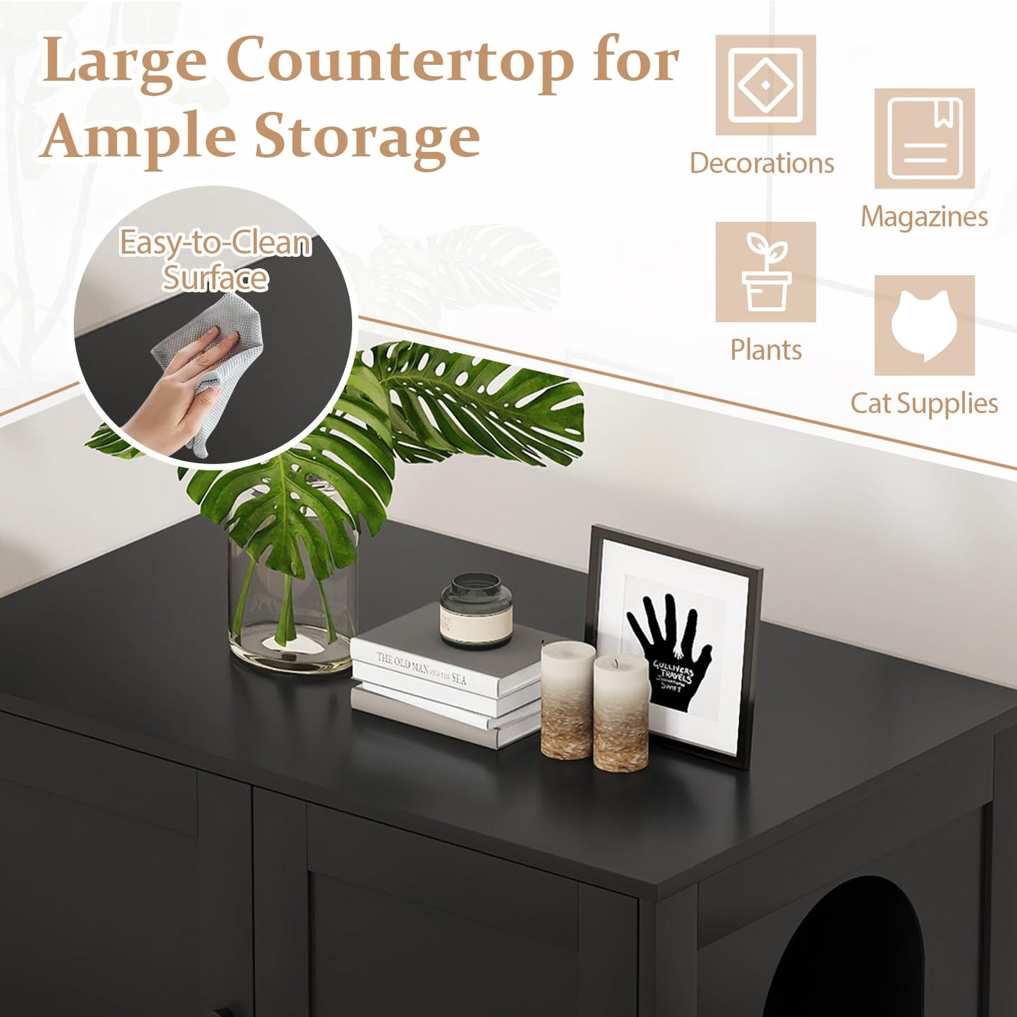 Tangkula Cat Litter Box Enclosure w/Winding Entry & Cat Hole for Living Room