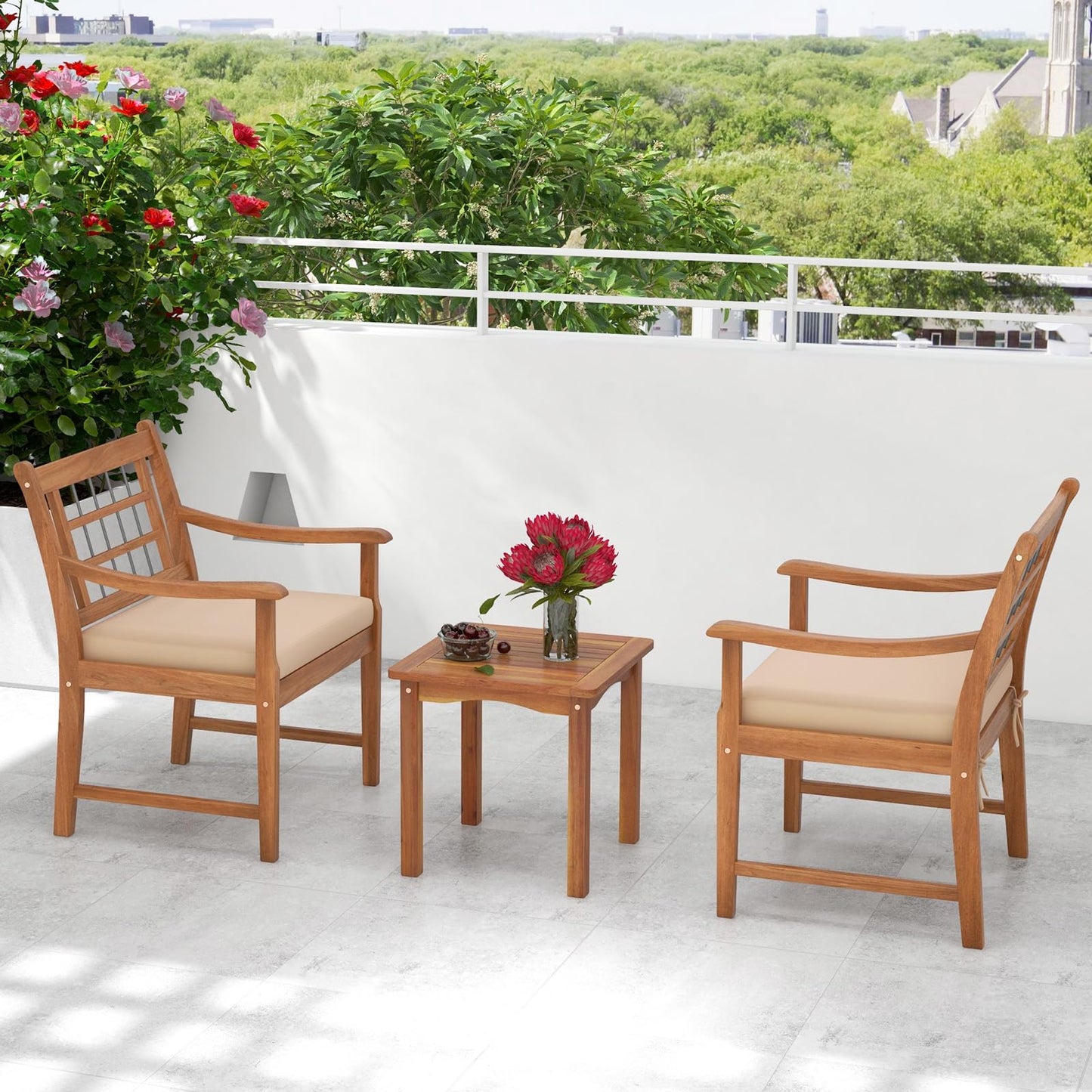 Tangkula 3 Piece Wood Patio Furniture Set, Outdoor Bistro Set w/Soft Seat Cushions