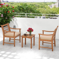 Tangkula 3 Piece Wood Patio Furniture Set, Outdoor Bistro Set w/Soft Seat Cushions