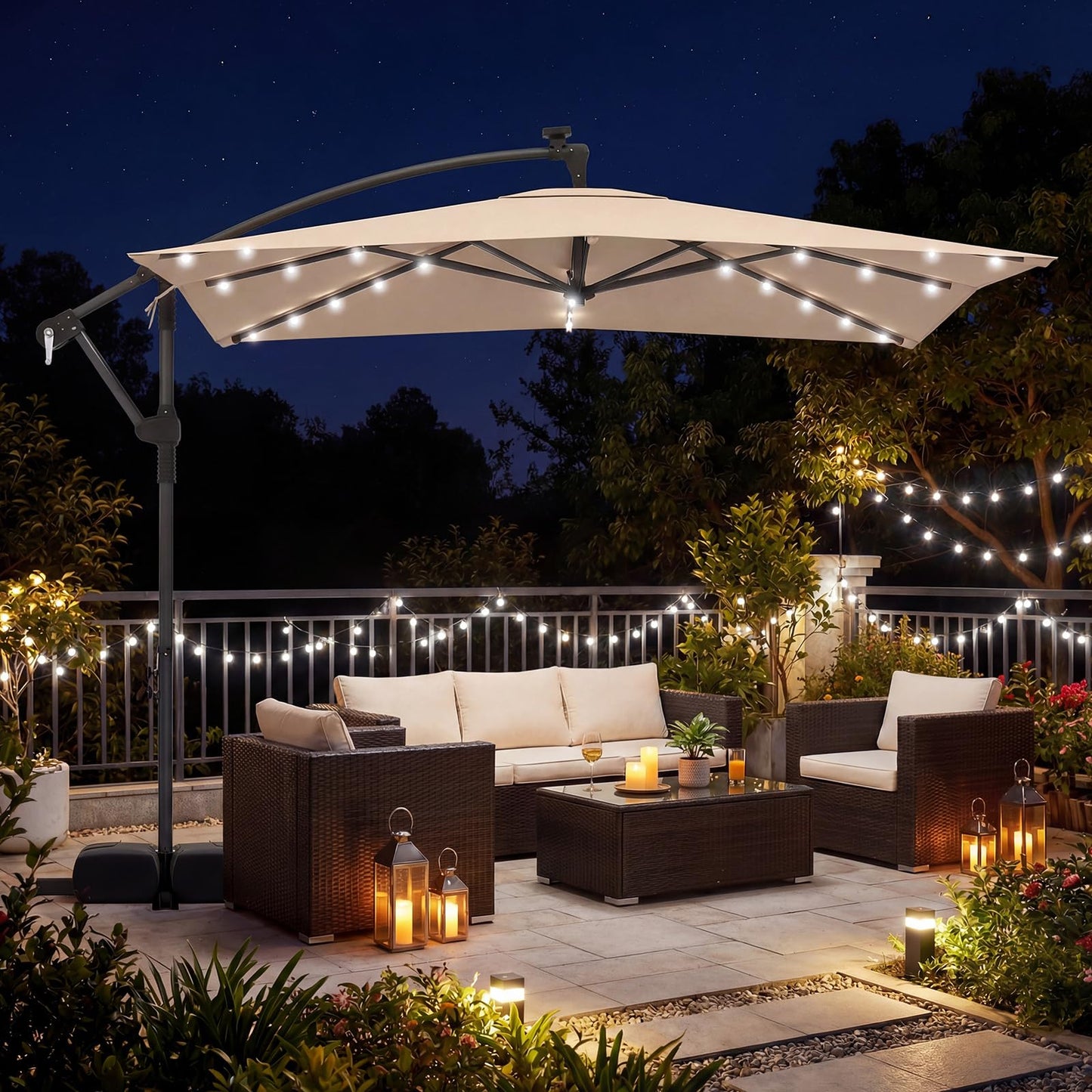Tangkula 8x8 FT Solar Patio Umbrella with Base Included Square Offset Cantilever 360 Degree Rotation 32 LED Lights