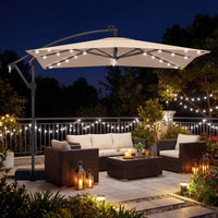 Tangkula 8x8 FT Solar Patio Umbrella with Base Included Square Offset Cantilever 360 Degree Rotation 32 LED Lights