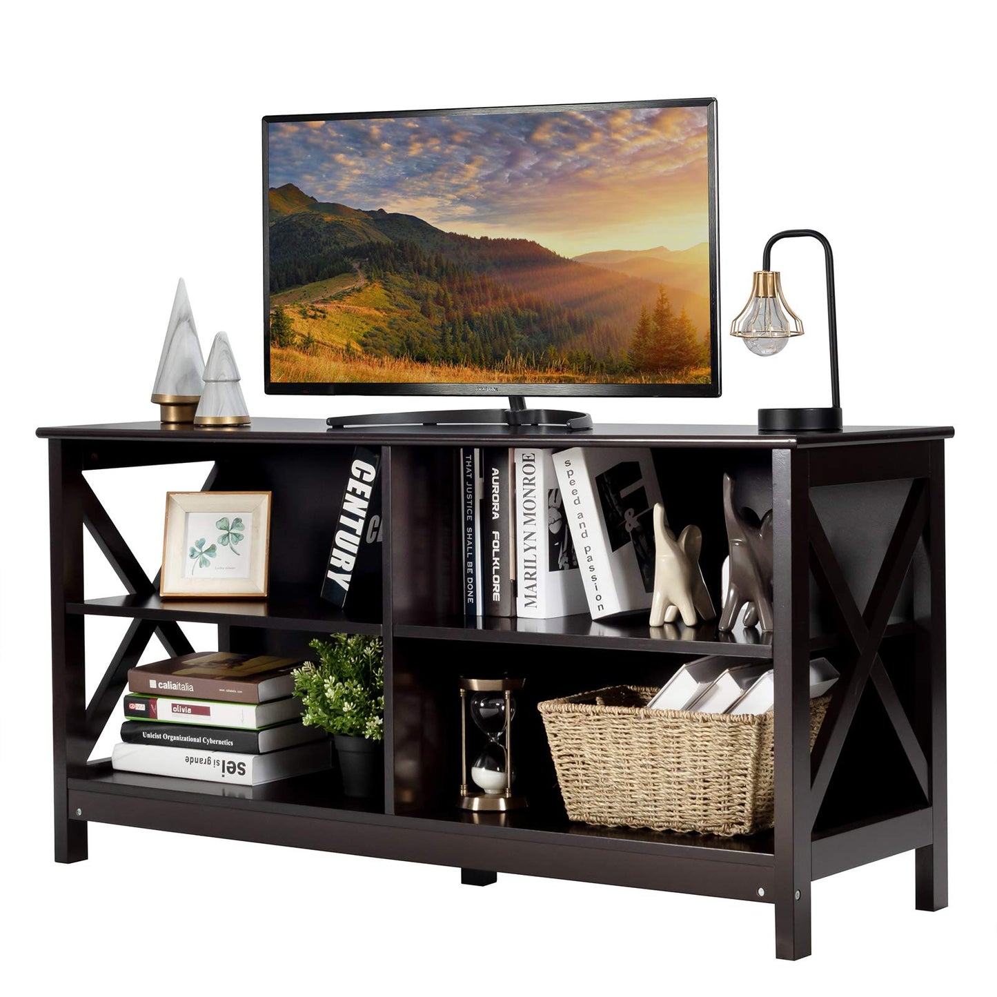 Meuble TV pour téléviseurs jusqu'à 55 pouces, meuble de divertissement en bois de style ferme avec cadre en X et 4 étagères de rangement ouvertes
